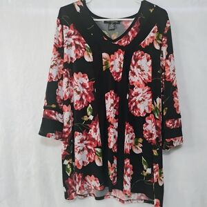 Elie McCarthy‎ Womens 2X Black Red Floral V Neck Tunic Blouse P